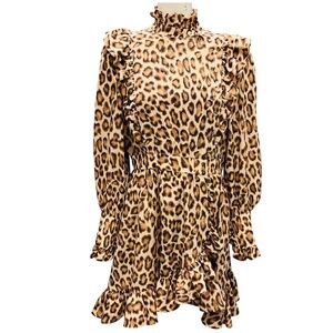 ZIMMERMANN TAN / BROWN LUCKY LEOPARD PRINTED DOUBLE BREASTED FRILLED MINI DRESS